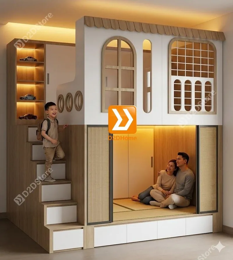 Phòng ngủ giường tầng cho bố mẹ và 1 bé trai nhà anh Phi - Ảnh 2
