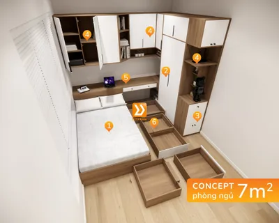 Hệ giường tủ bàn kết hợp cho phòng nhỏ 7m2 nhà chị Yến Lê