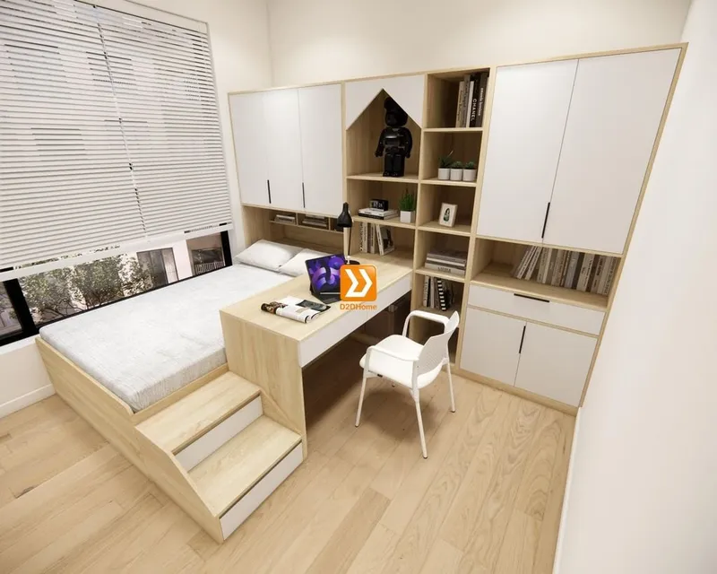 Hệ giường tủ bàn kết hợp cho phòng nhỏ 8m2 nhà chị Hồng Mơ - Ảnh 12