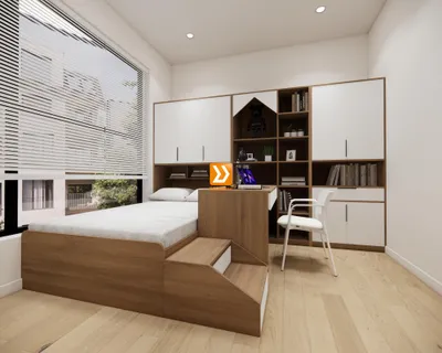 Hệ giường tủ bàn kết hợp cho phòng nhỏ 8m2 nhà chị Hồng Mơ