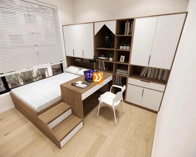 Hệ giường tủ bàn kết hợp cho phòng nhỏ 8m2 nhà chị Hồng Mơ - Ảnh 13