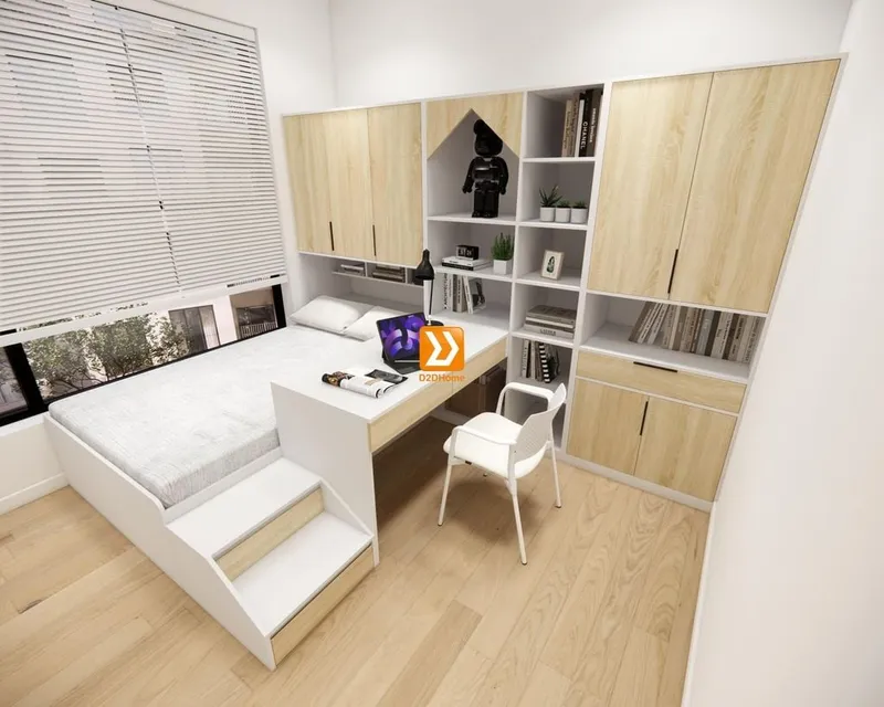Hệ giường tủ bàn kết hợp cho phòng nhỏ 8m2 nhà chị Hồng Mơ - Ảnh 14