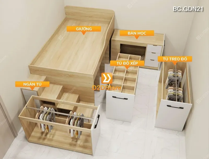 Giường ngủ kết hợp tủ lưu trữ thông minh nhiều kích thước mã BC.GDN21 - Ảnh 3