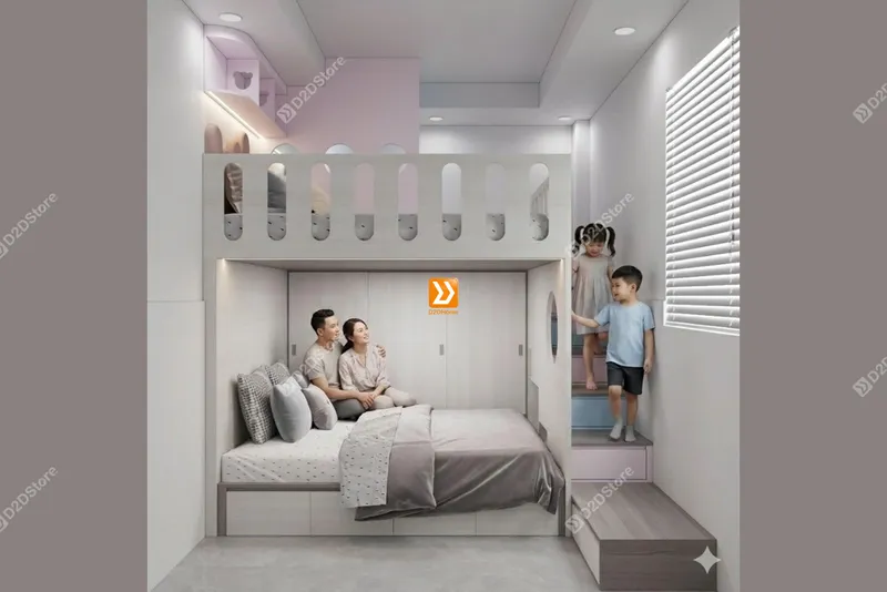 Phòng ngủ giường tầng cho bố mẹ và 1 bé trai 1 bé gái nhà chị Sammy Hua - Ảnh 1