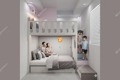 Phòng ngủ giường tầng cho bố mẹ và 1 bé trai 1 bé gái nhà chị Sammy Hua