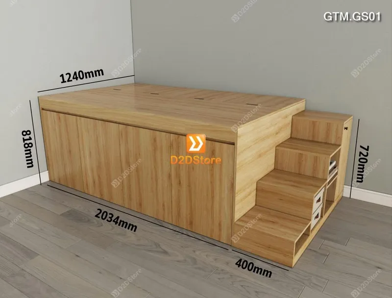 Giường bục có 4 tủ kéo lưu trữ thông minh có cầu thang mã GTM.GS01 - Ảnh 1