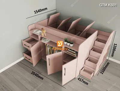Giường thông minh tích hợp tủ và kệ sách có cầu thang mã GTM.KS01
