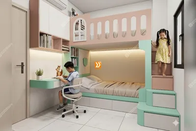 Phòng ngủ giường tầng cho 1 bé trai và 1 bé gái nhà chị Merry
