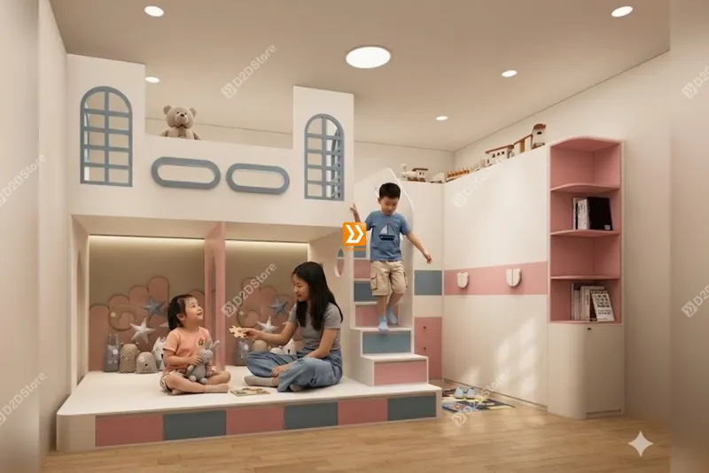 Phòng ngủ giường tầng cho 2 bé gái và 1 bé trai nhà chị Tú - Ảnh 1