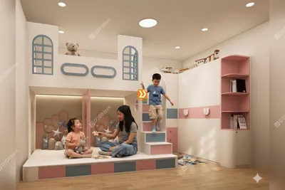 Phòng ngủ giường tầng cho 2 bé gái và 1 bé trai nhà chị Tú