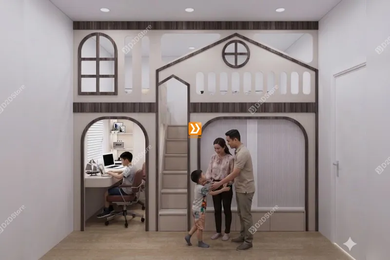 Phòng ngủ giường tầng cho bố mẹ và 2 bé trai nhà chị Dương Hồng - Ảnh 1