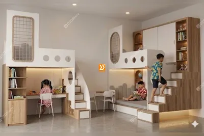 Phòng ngủ giường tầng cho 2 bé trai và 1 bé gái nhà anh Quán Khải