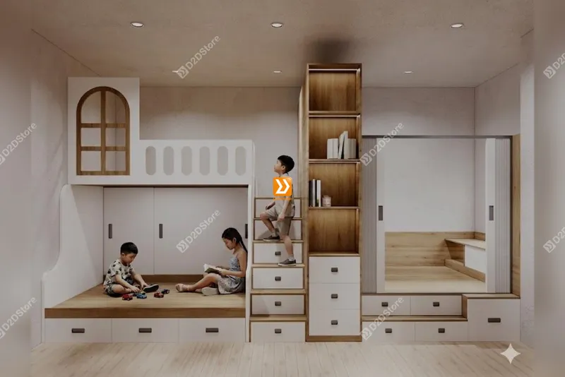Phòng ngủ giường tầng cho 2 bé trai và 1 bé gái nhà chị Lan - Ảnh 1