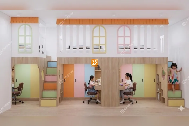 Phòng ngủ giường tầng cho 3 bé gái nhà chị An Võ - Ảnh 1