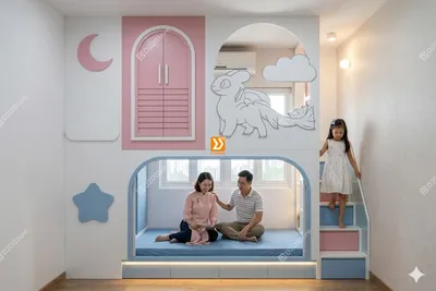 Phòng ngủ giường tầng cho bố mẹ và 1 bé gái nhà anh Jodan Tăng