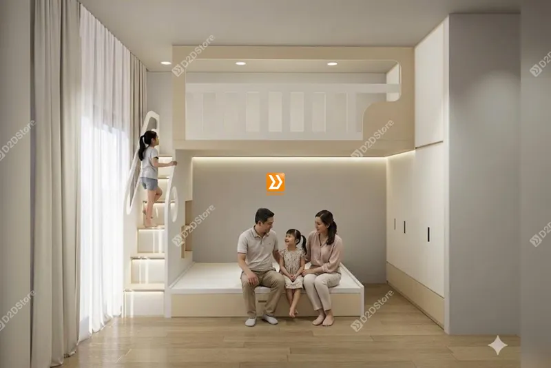 Phòng ngủ giường tầng cho bố mẹ và 2 bé nhà chị Phương Huỳnh - Ảnh 1