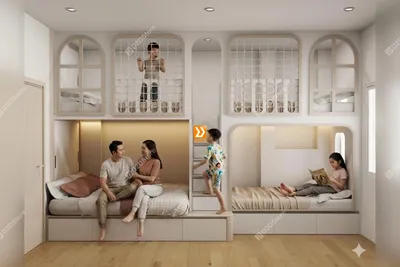 Phòng ngủ giường tầng cho bố mẹ và 3 bé nhà anh Nhữ Huy
