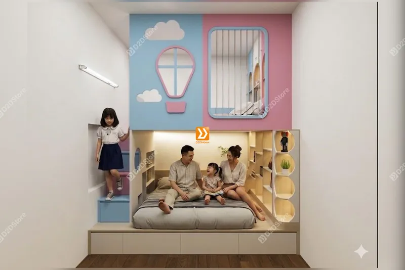 Phòng ngủ giường tầng cho bố mẹ và 2 bé gái nhà anh Duy - Ảnh 1
