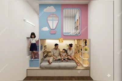 Phòng ngủ giường tầng cho bố mẹ và 2 bé gái nhà anh Duy