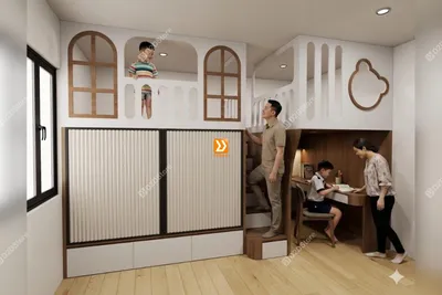 Phòng ngủ giường tầng cho bố mẹ và 2 bé trai nhà chị Hải Âu