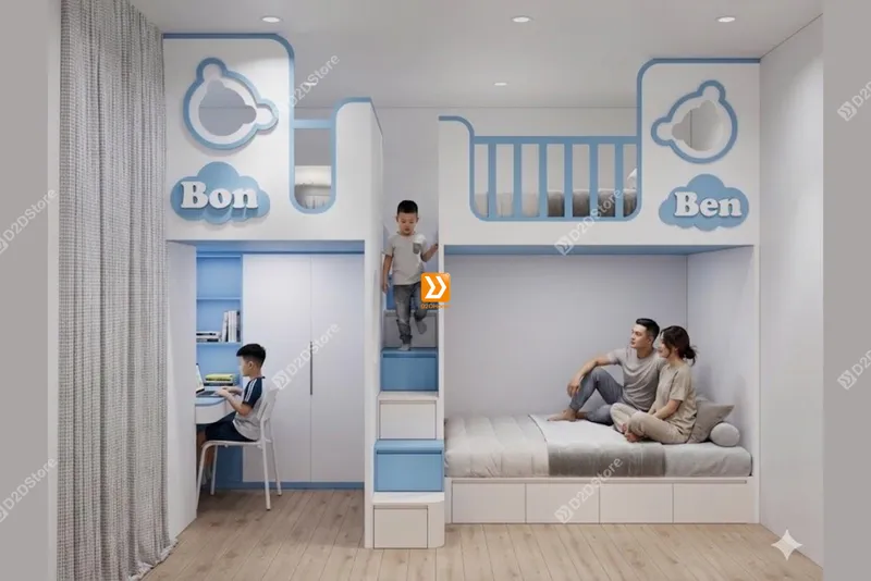 Phòng ngủ giường tầng cho bố mẹ và 2 bé trai nhà chị Linh Neo - Ảnh 1