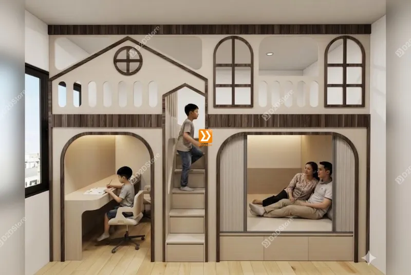 Phòng ngủ giường tầng cho bố mẹ và 2 bé trai nhà chị Thu Nhi - Ảnh 1