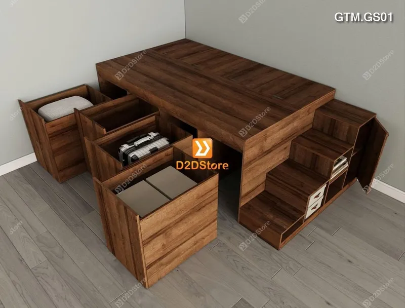 Giường bục có 4 tủ kéo lưu trữ thông minh có cầu thang mã GTM.GS01 - Ảnh 2