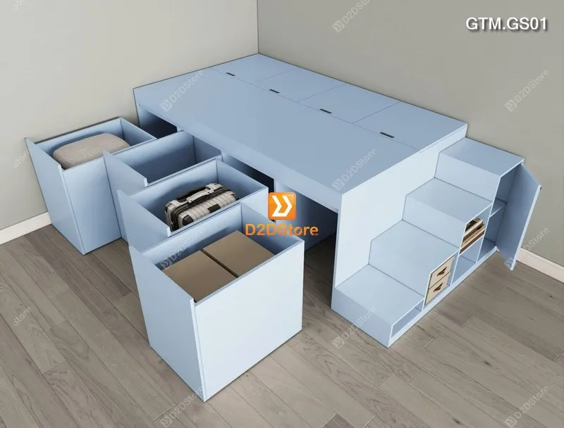 Giường bục có 4 tủ kéo lưu trữ thông minh có cầu thang mã GTM.GS01 - Ảnh 3