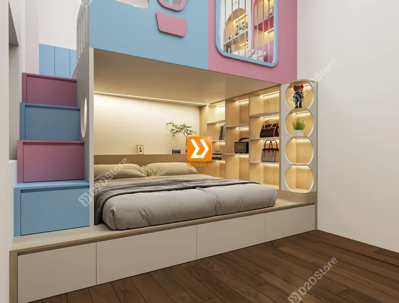 Phòng ngủ giường tầng cho bố mẹ và 2 bé gái nhà anh Duy - Ảnh 5