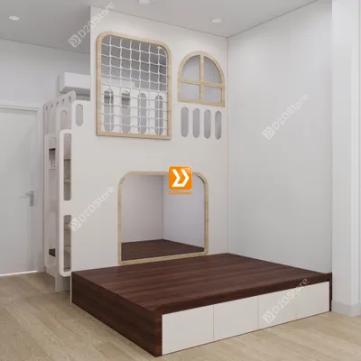 Phòng ngủ giường tầng cho bố mẹ và 2 bé trai nhà chị Lục Yến