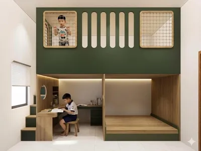 Phòng ngủ giường tầng cho 2 bé trai nhà chị Tuyền