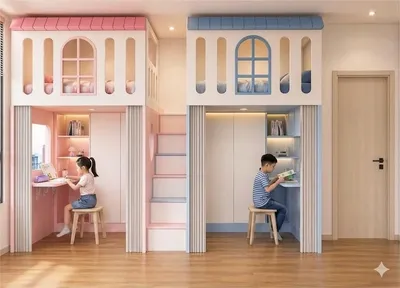 Phòng ngủ giường tầng đối xứng cho 2 bé trai và gái nhà chị Thu Giang